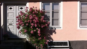 A building with a pink facade, white window shutters, and a bench in front.