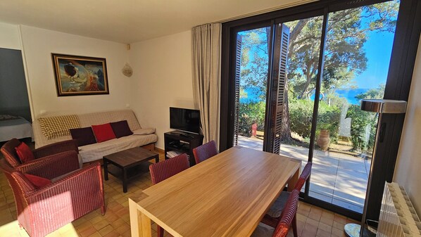 TV, DVD player, books, stereo