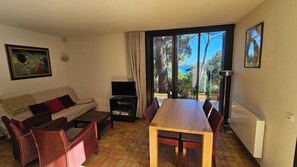 TV, DVD player, books, stereo