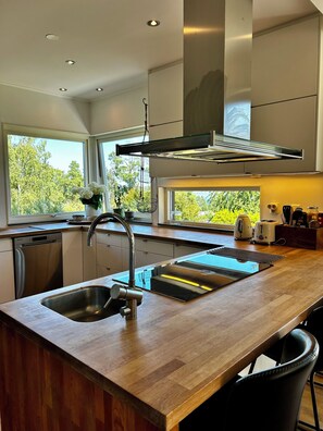 A modern kitchen with a central island, stainless steel appliances, and large windows offering a view of greenery.