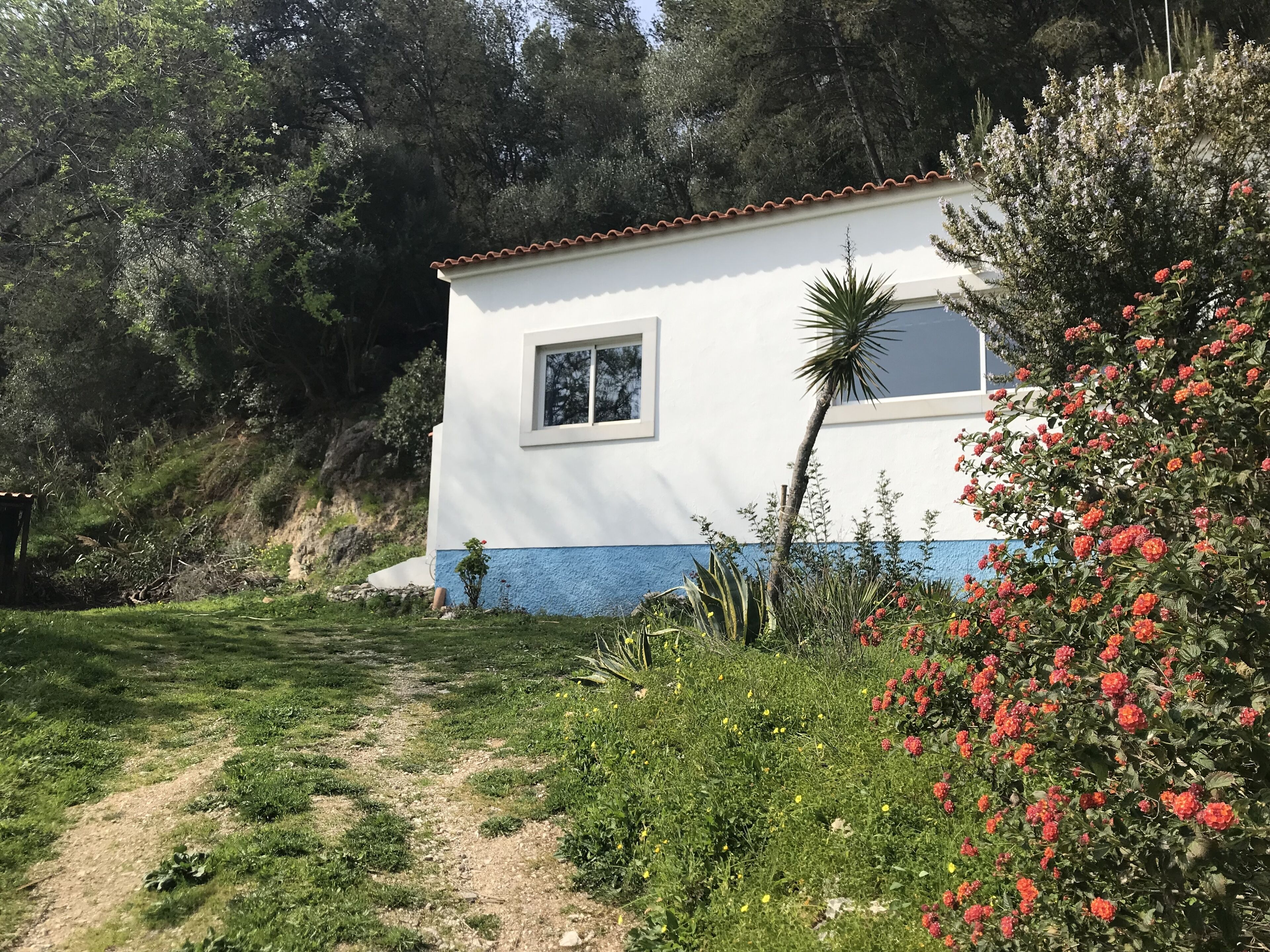 Un bâtiment blanc surmonté d’un toit de tuiles rouges, entouré de verdure et bordé d’un chemin de terre.