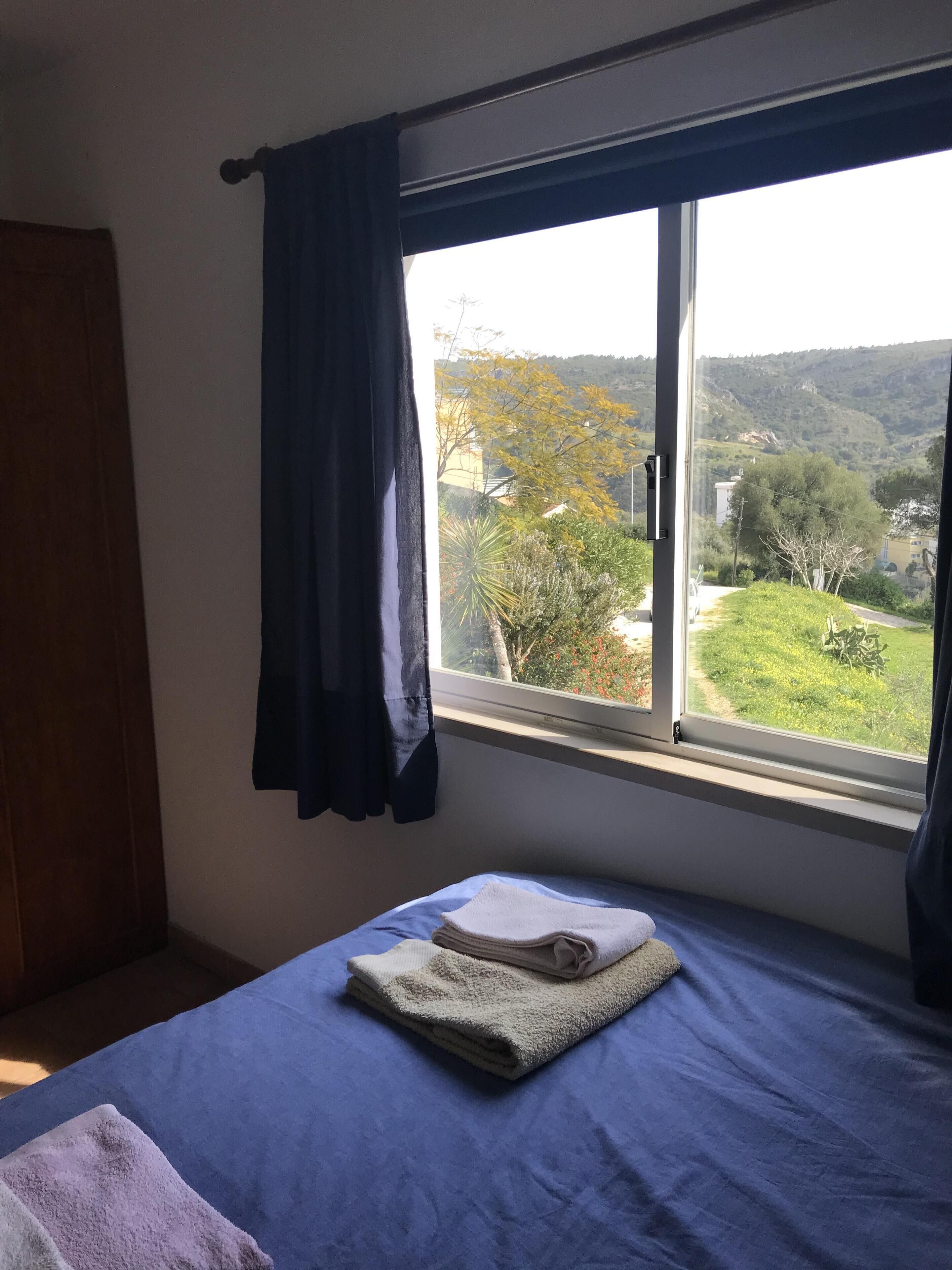 Une chambre à coucher avec un lit, une fenêtre donnant sur un paysage verdoyant et un rideau.