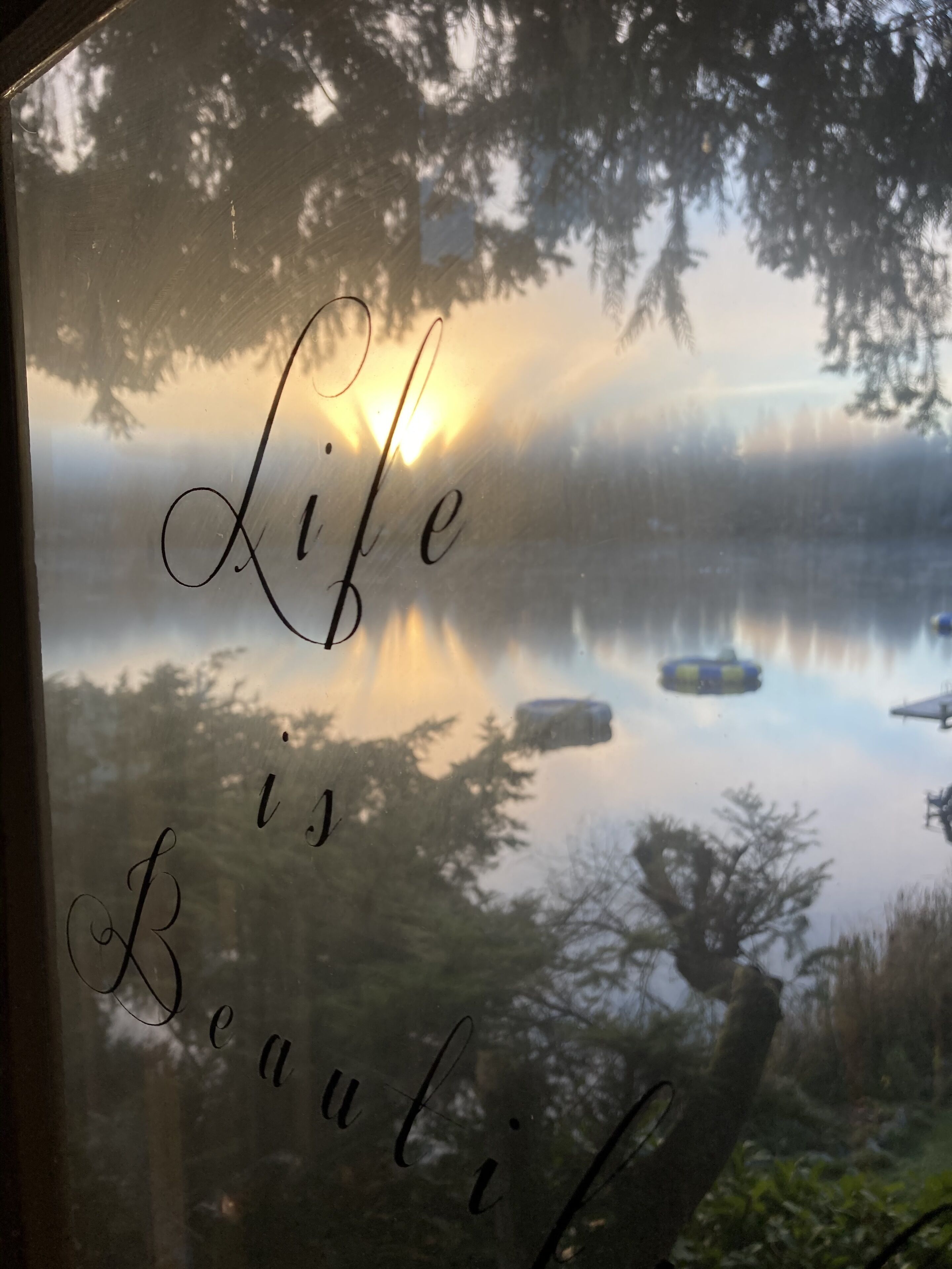 En vy över en sjö med träd och en dimmig atmosfär, och texten ”Livet är vackert” är skriven på ett glasfönster.