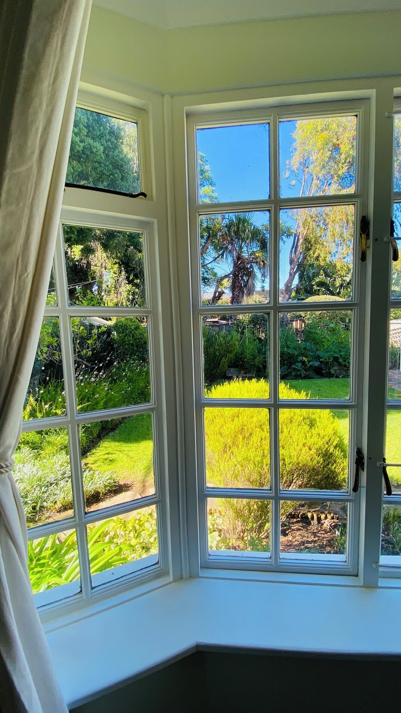 Janela saliente com vários painéis, proporcionando vista de um jardim bem cuidado com diversas plantas e árvores.