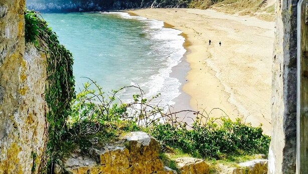 A stone archway framing a beach with clear water and a forested hillside in the background. - Beautifully Renovated Stable & Cart House | Peaceful West Wales Farm Stay (Hebron)