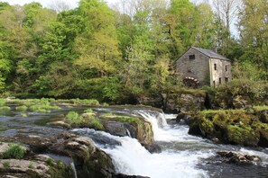 A rustic stone building by a flowing river surrounded by dense forest. - Beautifully Renovated Stable & Cart House | Peaceful West Wales Farm Stay (Hebron)