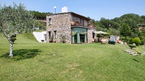 A stone house with a green door, a satellite dish, and a lawn with potted plants.