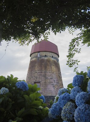 A cylindrical tower with a red roof, surrounded by lush greenery and blue hydrangea flowers. - The Da Bibi in Candelaria Mill (Ilha de São Miguel)