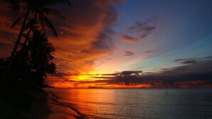 A sunset over a beach with palm trees. - luxury in paradise (Koh Samui)