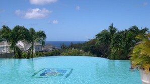 A clear blue infinity pool with a mosaic tile centerpiece, surrounded by lush tropical vegetation and overlooking a scenic ocean view. - A Luxurious Place To Chill Out In Barbados (Mount Standfast)