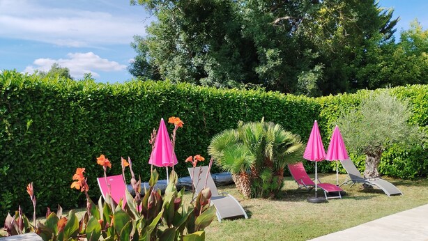 Ein Poolbereich mit Liegestühlen und rosa Sonnenschirmen, umgeben von üppiger Vegetation und einer Hecke.