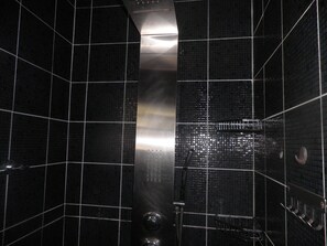 Douche, séchoir à cheveux, serviettes fournies, savon
