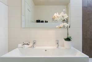 Tina con regadera, secadora de cabello, bidet, toallas