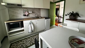 A compact kitchen with white cabinets, a microwave, and a dishwasher. - Casale Gelsomino First floor (ROVOLON)