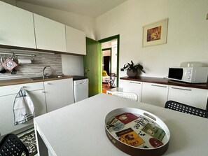 Frigorífico, microondas, placa de cocina y lavavajillas