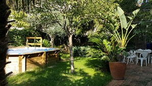 Un jardin avec une table et des chaises en bois, entouré d’une végétation luxuriante et agrémenté d’une grande plante en pot.