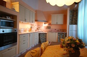 Enjoy cooking in this well-equipped kitchen with a central island, microwave, oven, and sink.