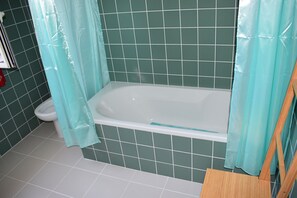 Tina con regadera, secadora de cabello, bidet, toallas 