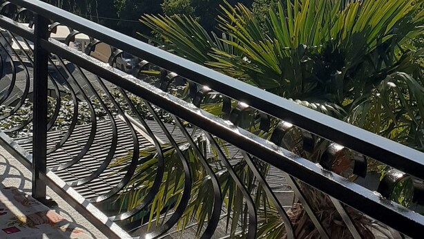 Een balkon met een metalen hekwerk, met uitzicht op een weelderig landschap met bomen en een waterpartij.