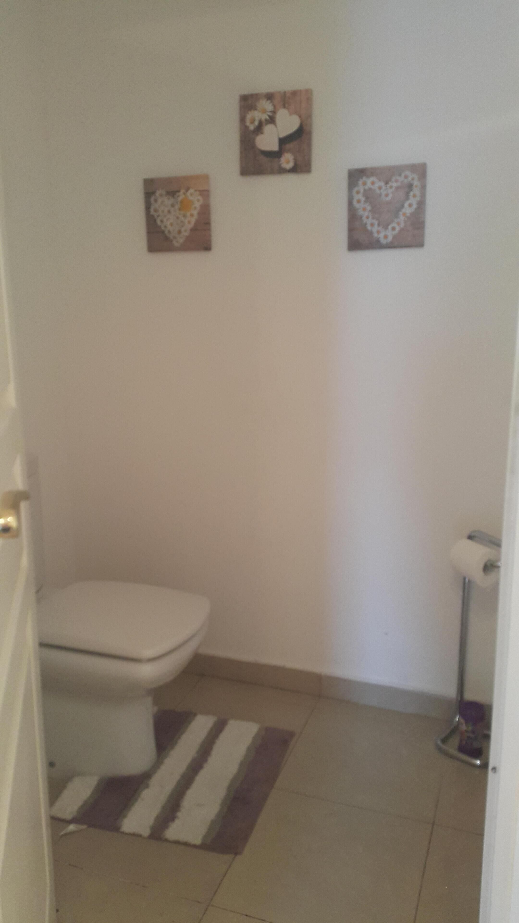 Een kleine badkamer met een toilet, een gestreept vloerkleed en drie decoraties in de vorm van harten.