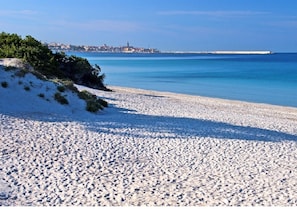 Una playa con arena blanca y un mar azul cristalino.