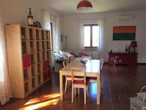 Smart TV, fireplace, DVD player, books