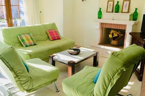 TV, fireplace, DVD player, books