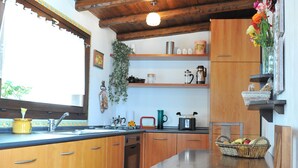 A kitchen with wooden cabinets, a dining table with a red chair, and a hanging plant.