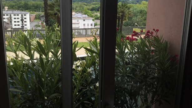 A balcony with a view of a residential area, including houses and a bridge. - Pau facing the Pyrenees (Pau)