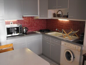 A compact kitchen with a microwave, kettle, sink, and washing machine. - Pau facing the Pyrenees (Pau)