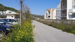 A paved pathway flanked by yellow flowers and a row of parked cars, leading to modern buildings with balconies and a clear blue sky.