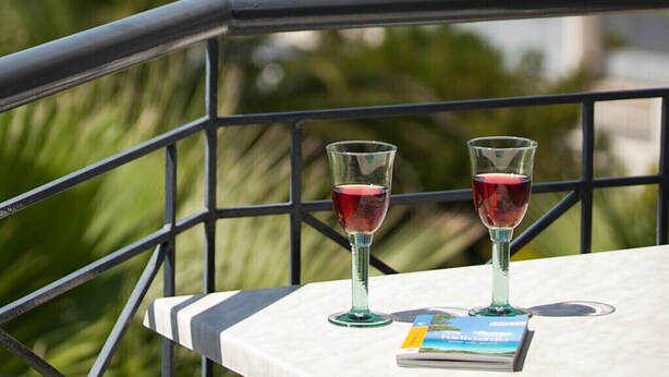 A balcony with two wine glasses and a book, overlooking a coastal view with greenery and a distant bridge.
