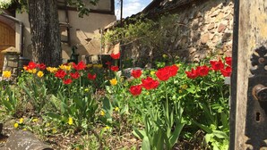 Un jardin agrémenté de tulipes rouges et jaunes, un mur de pierre et un bâtiment traditionnel orné d’une croix.