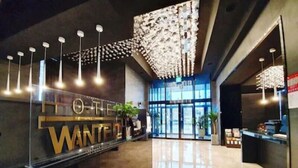 Um lobby de hotel moderno com uma mesa de recepção, um candelabro e entrada em vidro.