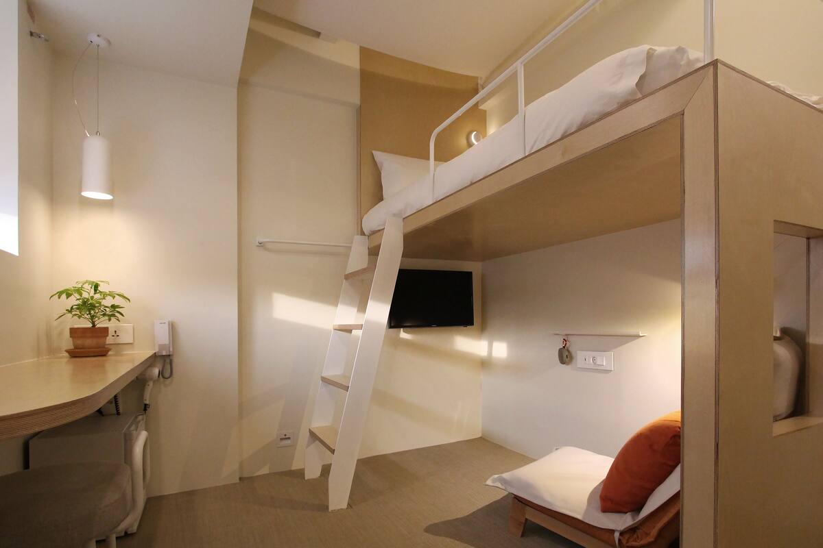 Een slaapkamer met stapelbed, bureau, stoel, een tv aan de muur en een plant in pot.