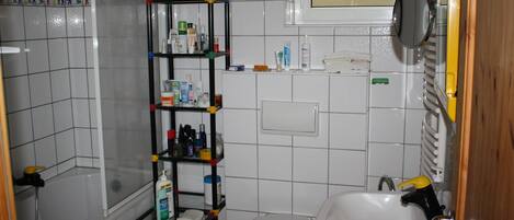 A bathroom with a toilet, sink, and shelves with toiletries.