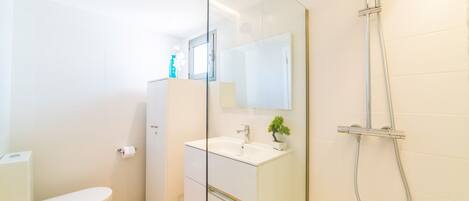 A modern bathroom with a toilet, a sink, a mirror, and a shower.
