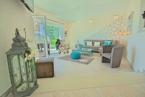 Télévision, cheminée, livres, chaîne hi-fi