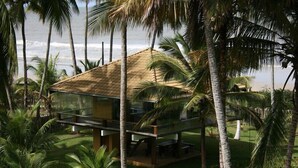 Uma casa moderna à beira-mar com varanda de vidro, cercada por palmeiras e com vista para o oceano.