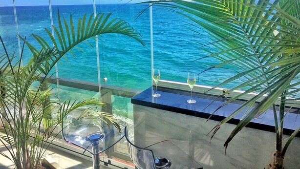 A room with a glass table and chairs, a view of the ocean, and a palm plant.