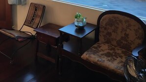 Ein Zimmer mit Blick auf eine Ziegelwand und eine Straße. Ein Stuhl, ein kleiner Tisch mit einer Pflanze und ein Ventilator sind vorhanden.