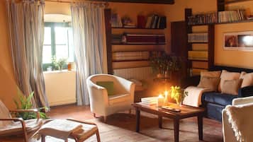 TV, caminetto, lettore DVD, libri