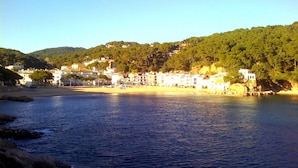Un pueblo costero con edificios a lo largo de la costa, una playa y un cerro cubierto de bosque.