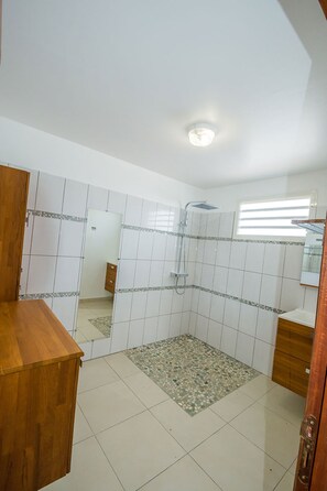 Shower, hair dryer, towels, toilet paper