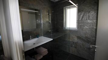 Une salle de bain moderne avec une douche à parois de verre, un lavabo blanc et un grand miroir.
