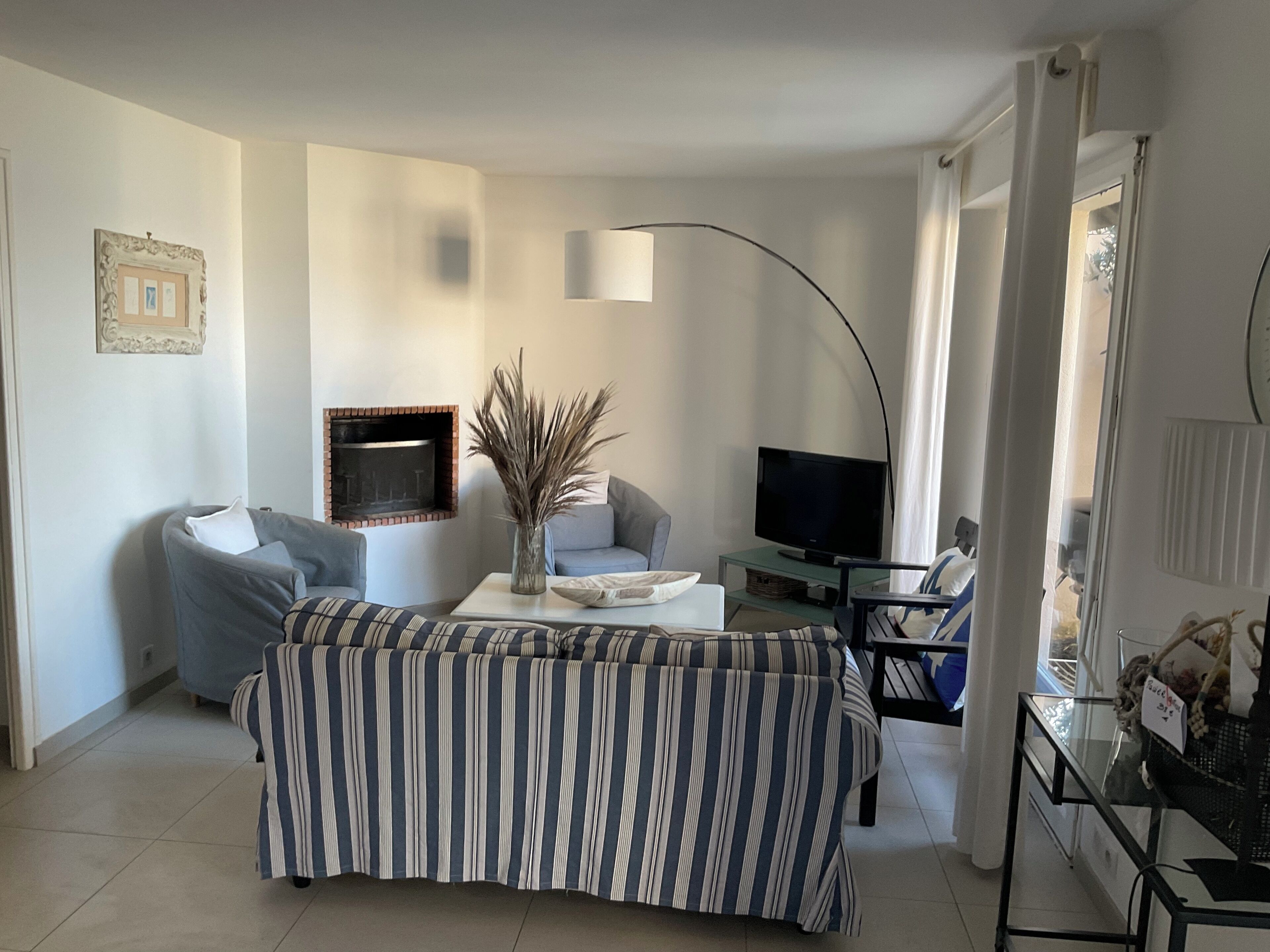 Télévision, cheminée, lecteur de DVD, livres