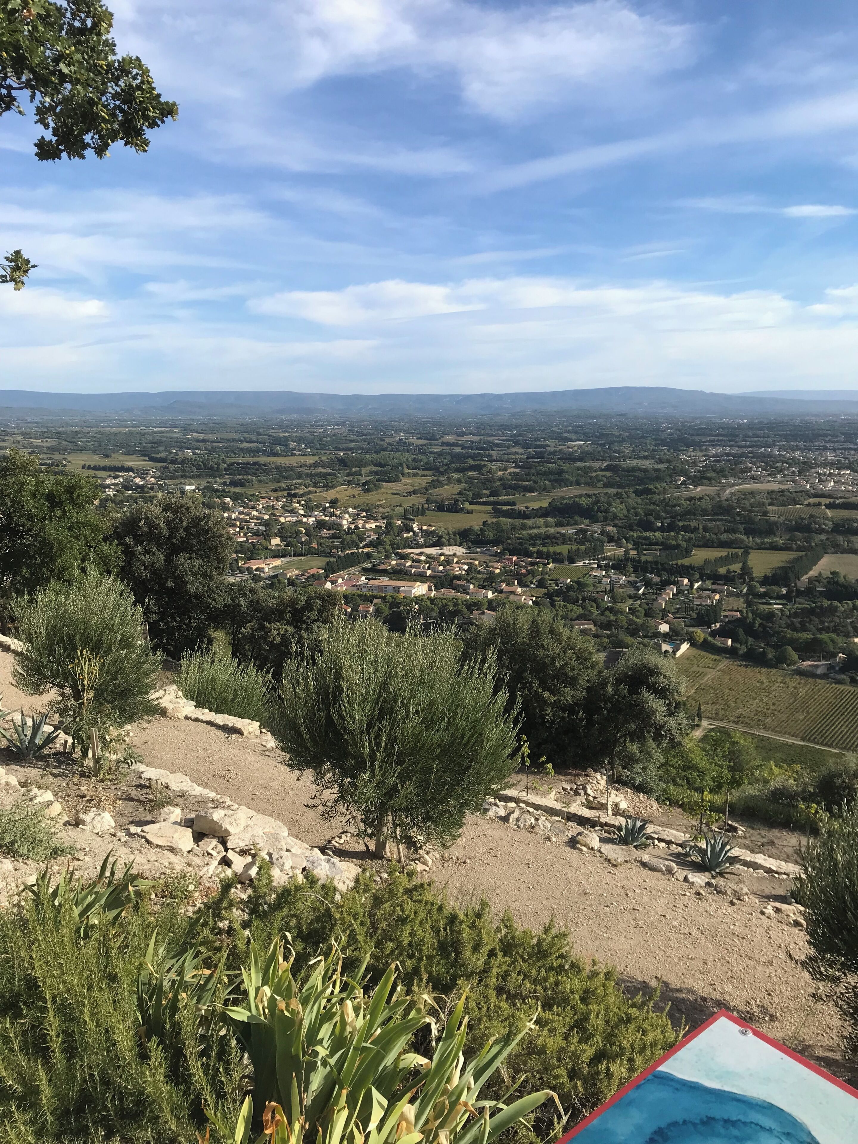 A landscape view from a high vantage point, featuring a valley with scattered buildings, vineyards, and a clear sky.