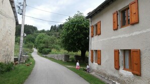 Eine schmale Straße, gesäumt von Gebäuden mit Holzhörnern, einer Steinmauer und Grünpflanzen.