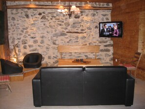 Télévision, cheminée, lecteur de DVD, chaîne hi-fi