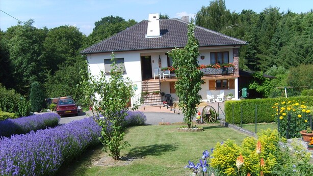 Ein zweistöckiges Haus mit Garten, ein geparktes Auto in der Nähe und eine Person, die vorbeigeht.